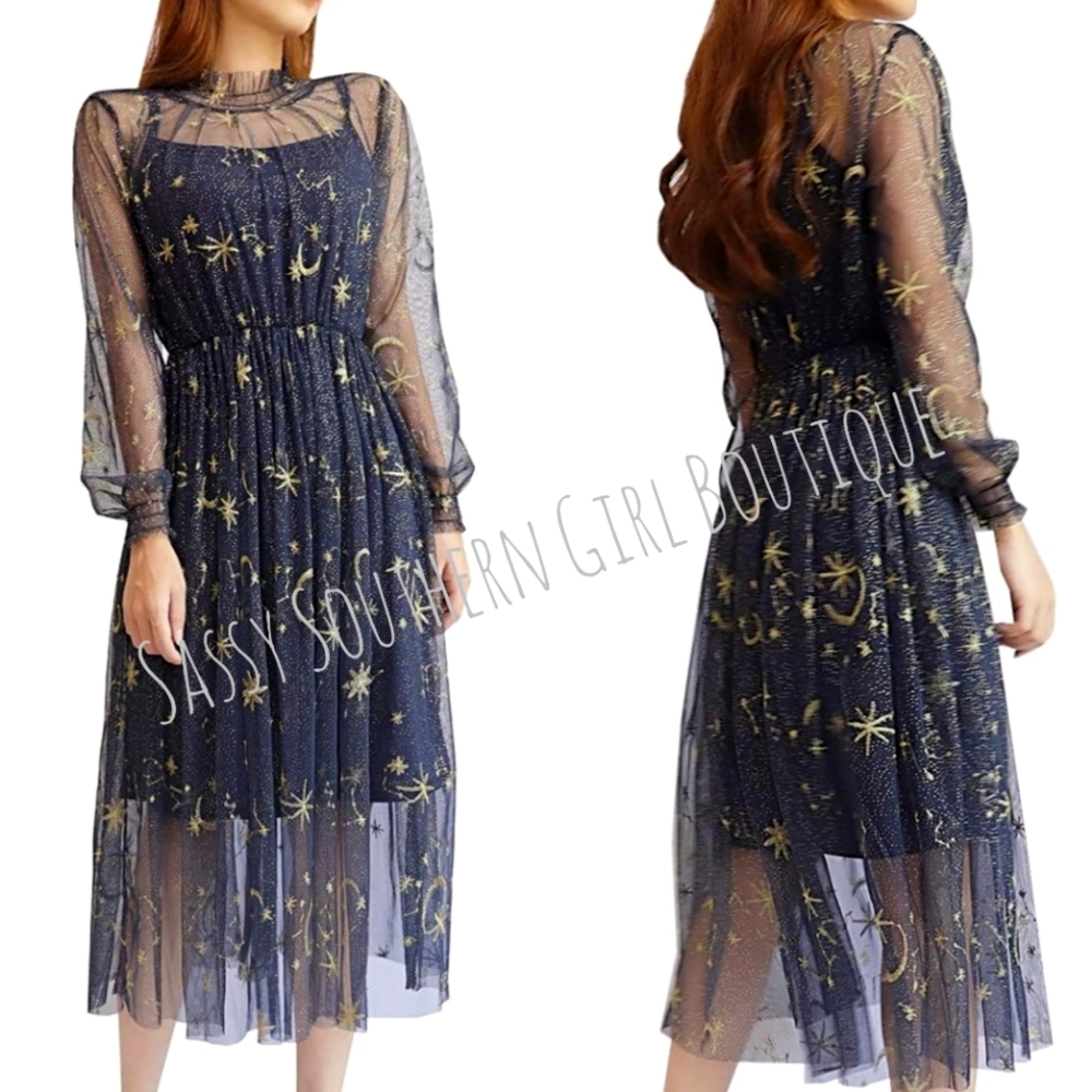 🆕⭐Navy Blue Celestial Tulle Sheer Dress